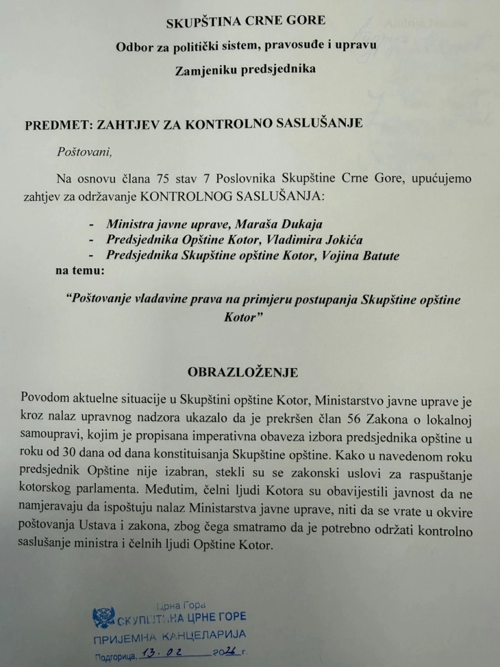 Opposition requests control hearing of Maras and Jokic over Kotor crisis