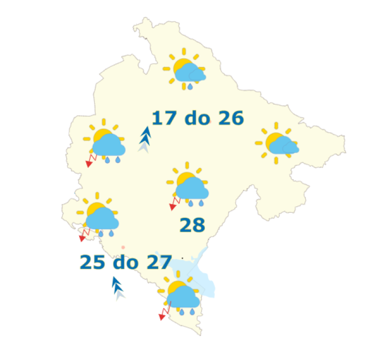 Sjutra oblačno sa dužim sunčanim intervalima, krajem dana kiša, pljuskovi i grmljavina